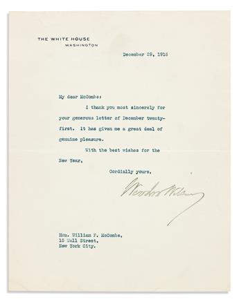 WILSON, WOODROW. Archive of 51 Typed Letters Signed, 43 as President, to Democratic National Committee Chairman William Frank McCombs,